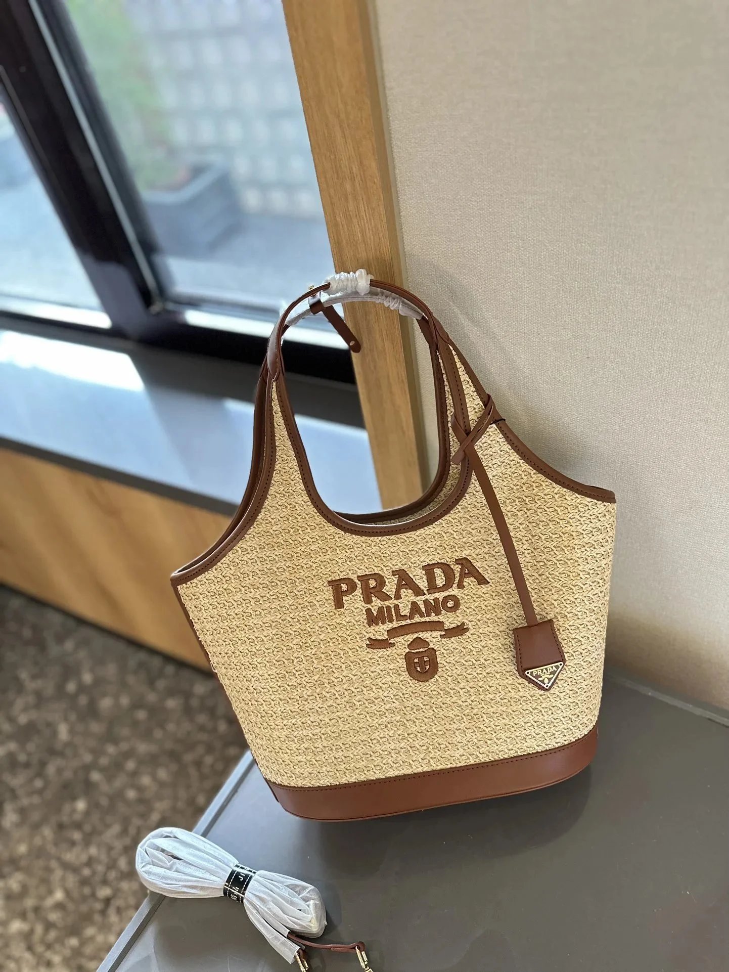 Prada Re-Edition 2005 Straw Tote Bag Beige/Black - 27