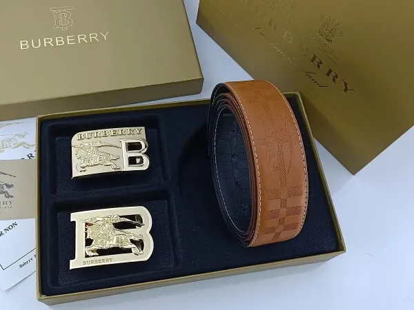 Burberry Classic Check Leather Belt with Interchangeable Buckles Tan Leather Belt - 18