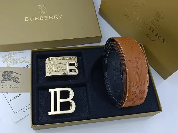 Burberry Classic Check Leather Belt with Interchangeable Buckles Tan Leather Belt - 24
