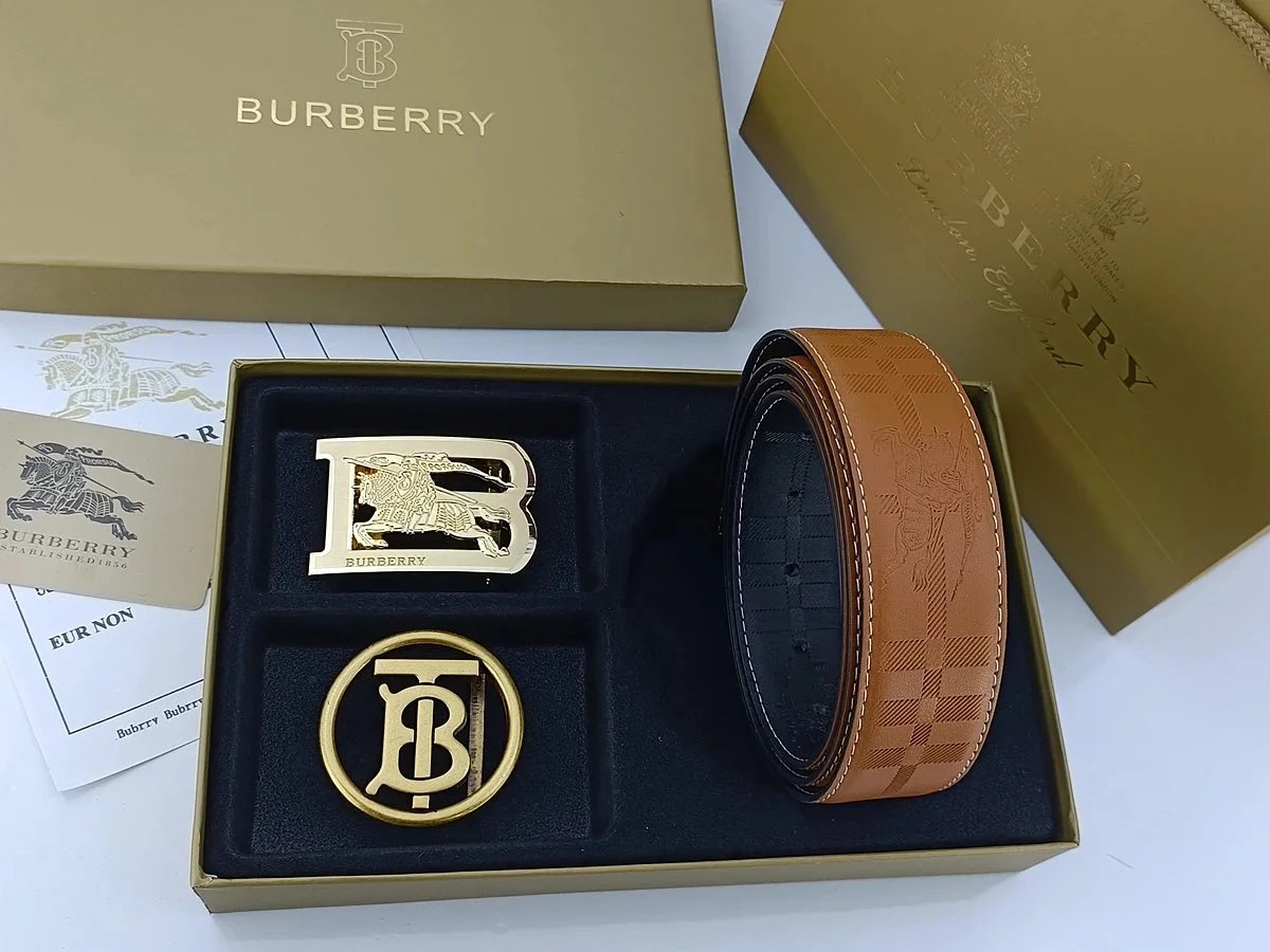 Burberry Horseferry Check Leather Belt with Interchangeable Buckles Tan Belts - 16