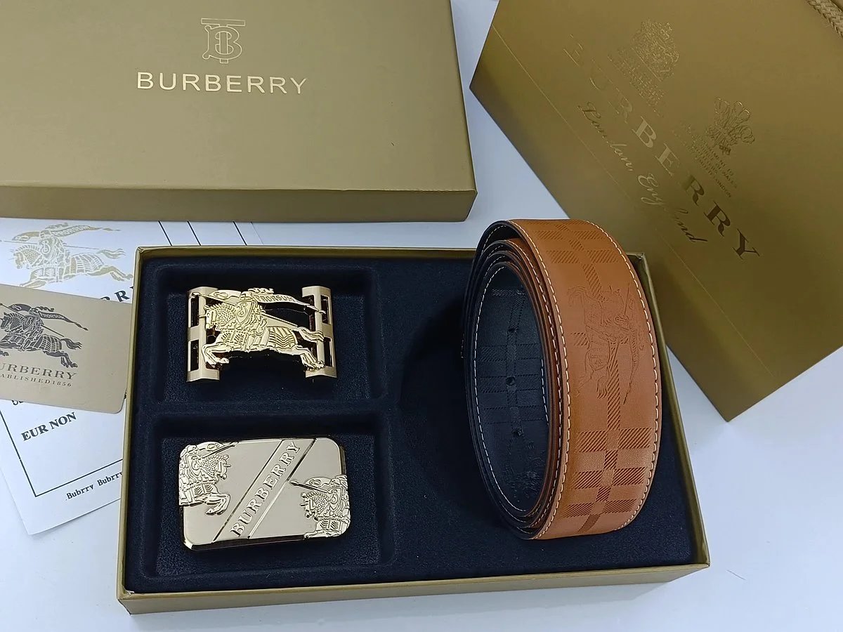 Burberry Horseferry Check Leather Belt with Interchangeable Buckles Tan Belts - 23