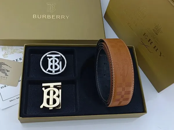 Burberry TB Monogram Leather Belt with Interchangeable Buckles Tan - 7