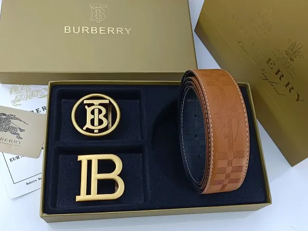 Burberry TB Monogram Leather Belt with Interchangeable Buckles Tan - 13