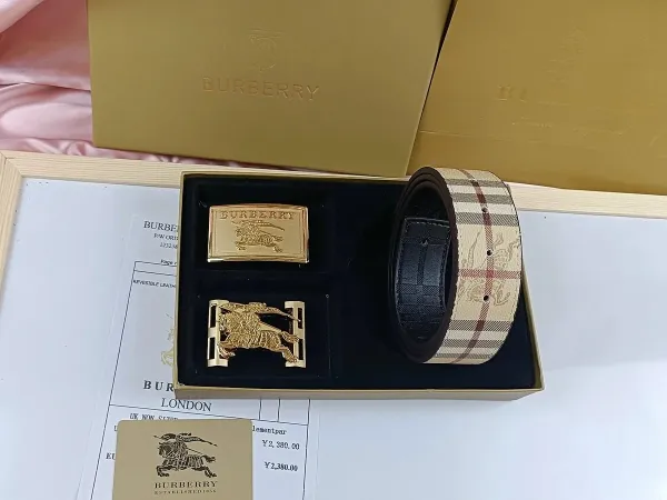 Burberry TB Monogram Leather Belt with Interchangeable Buckles Tan - 32