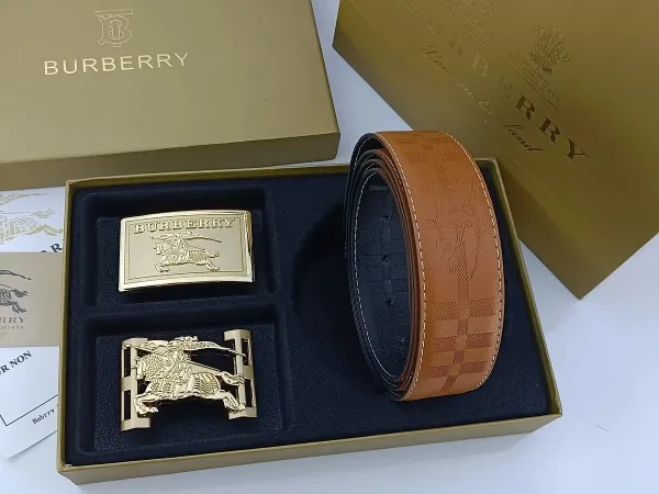 Burberry Classic Check Leather Belt with Interchangeable Buckles Tan Leather Belt - 4