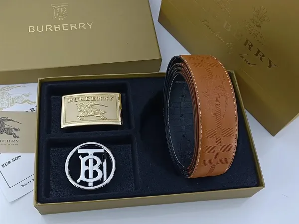 Burberry Classic Check Leather Belt with Interchangeable Buckles Tan Leather Belt - 10