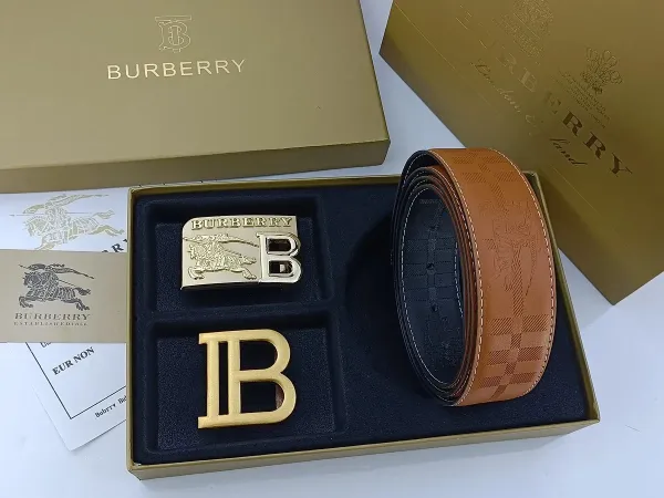 Burberry Classic Check Leather Belt with Interchangeable Buckles Tan Leather Belt - 23