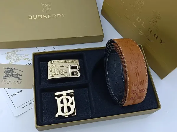 Burberry Classic Check Leather Belt with Interchangeable Buckles Tan Leather Belt - 29