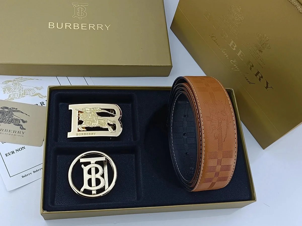 Burberry Horseferry Check Leather Belt with Interchangeable Buckles Tan Belts - 14
