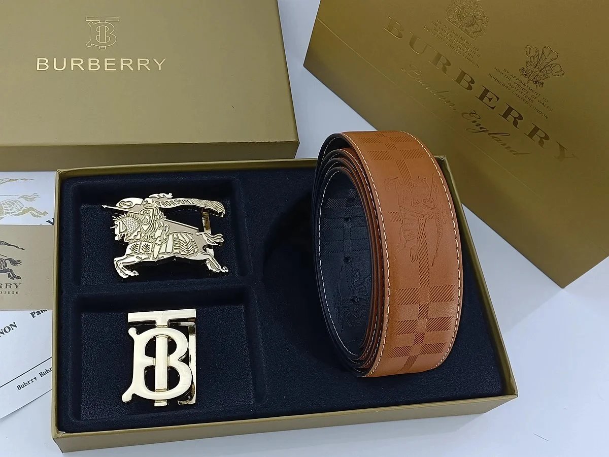 Burberry Equestrian Knight & Monogram B Buckle Leather Belt Tan - 9