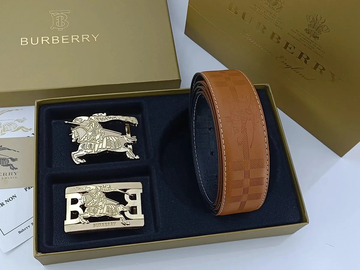 Burberry Equestrian Knight & Monogram B Buckle Leather Belt Tan - 17