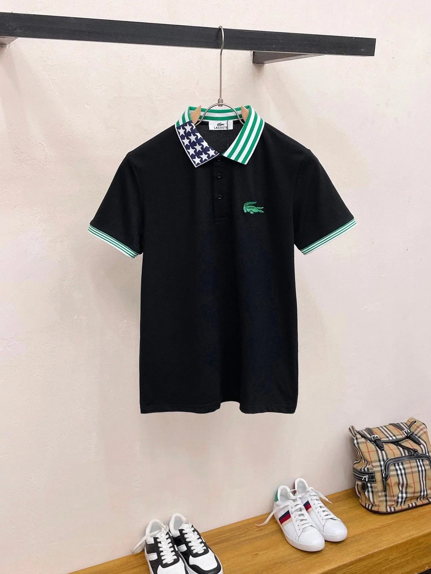 Lacoste Polo Shirt Black with Green Striped Collar and Star Print Cuff Tops.polo - 16