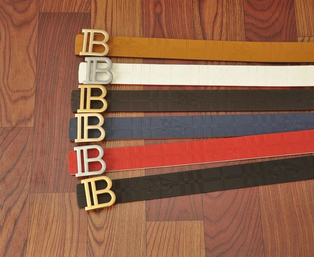 Burberry Check-Print Leather Belt with Gold-Tone B Buckle Gray - 3