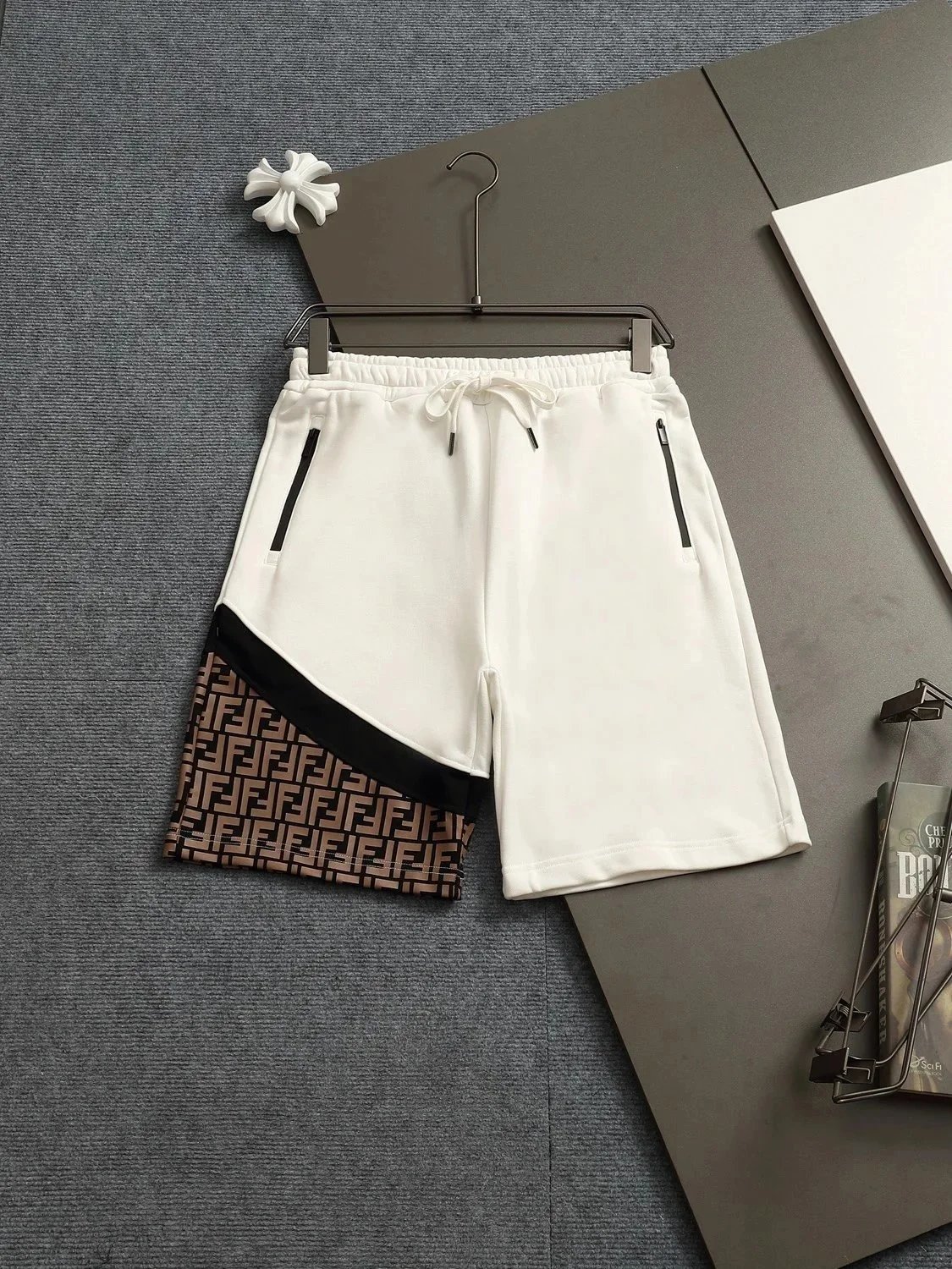 Fendi FF Monogram Print Drawstring Waist Shorts Brown - 26