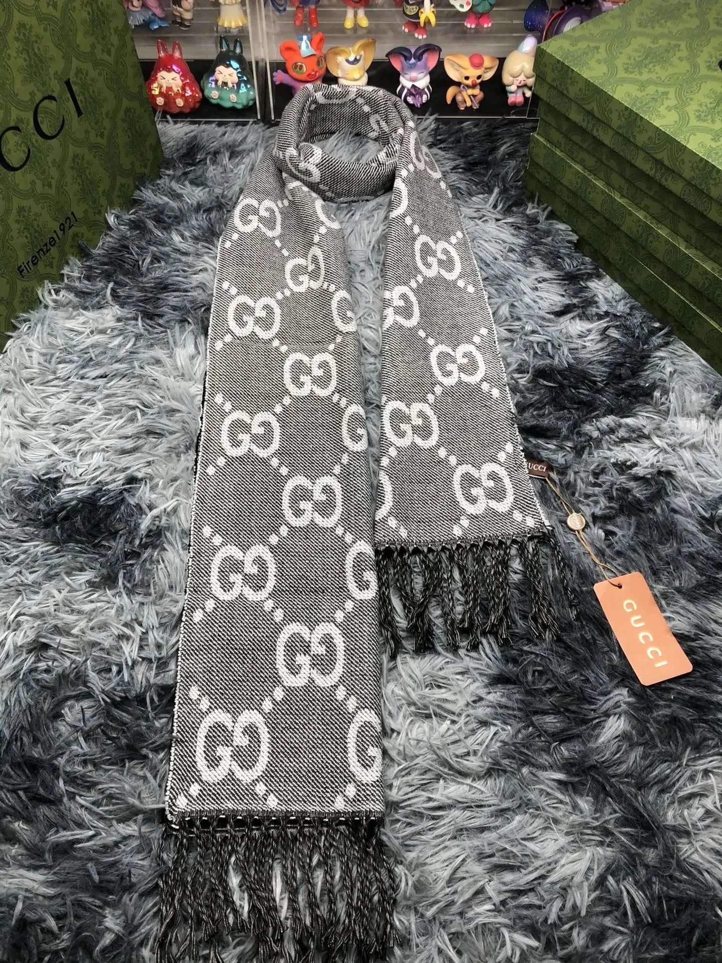 Gucci GG Marmont Knit Scarf Navy Blue with Gray Stripes Scarves - 3