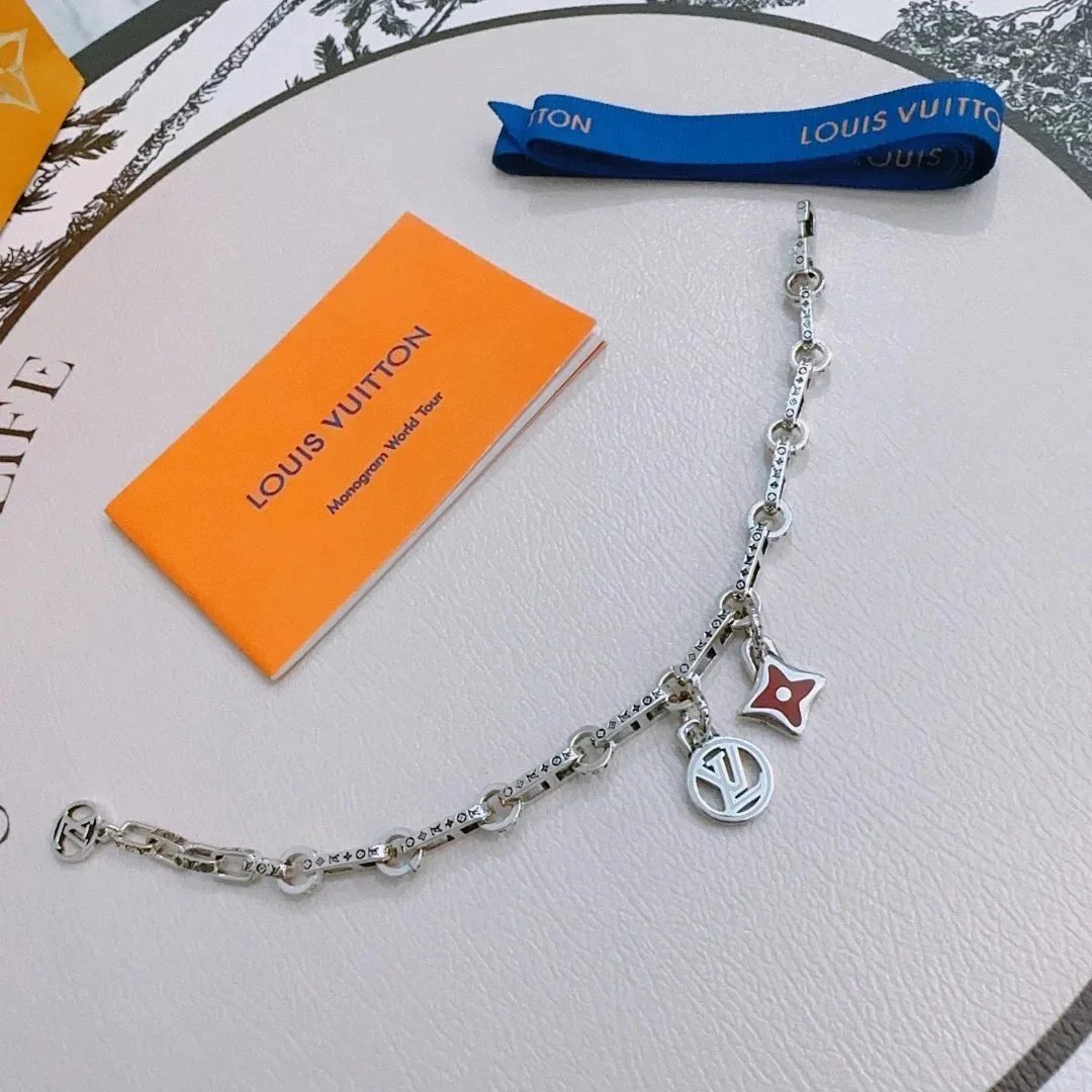 Louis Vuitton Monogram Flower Charm Bracelet Silver Green Jewelry - 4