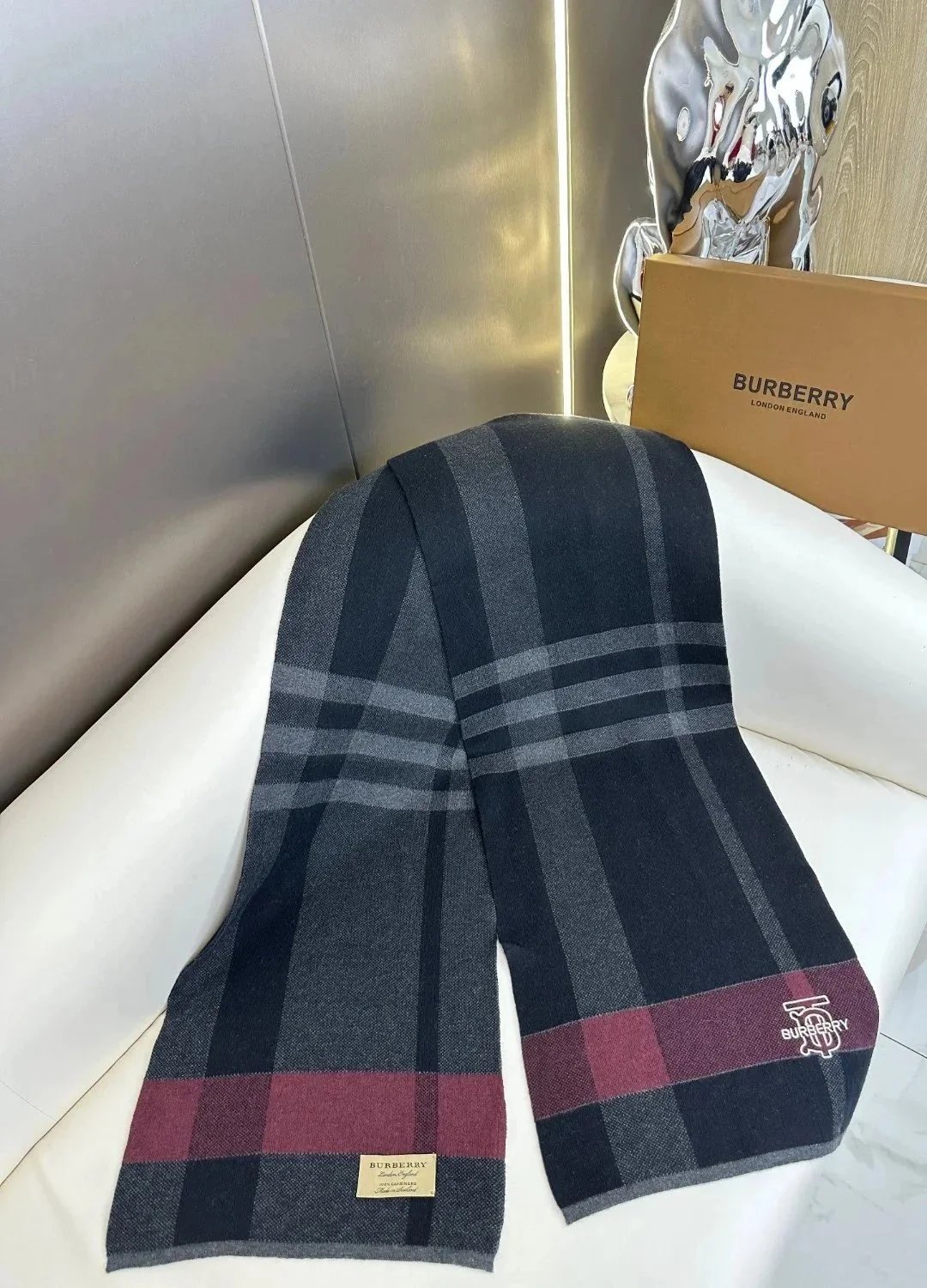 Burberry Monogram Print Cashmere Scarf Gray Black Scarves - 3