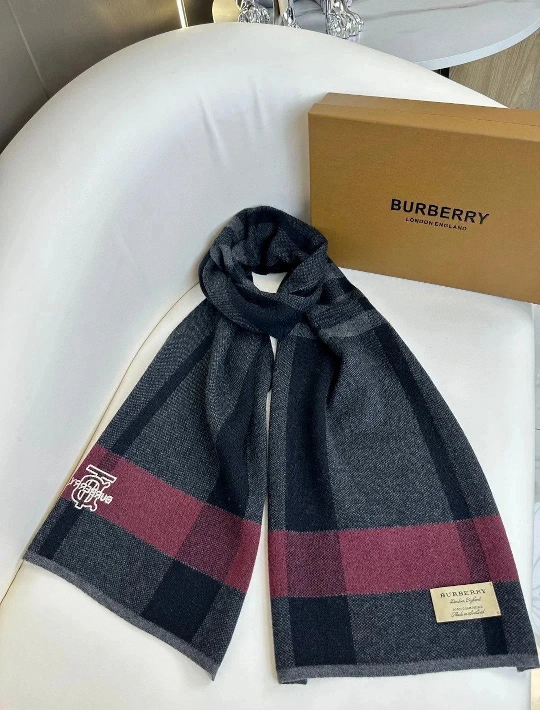 Burberry Monogram Print Cashmere Scarf Gray Black Scarves - 6