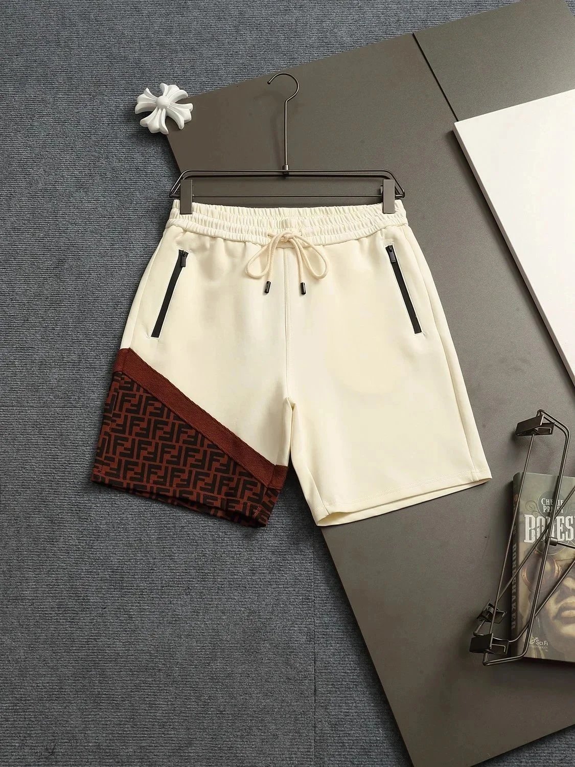 Fendi FF Monogram Print Drawstring Waist Shorts Brown - 28