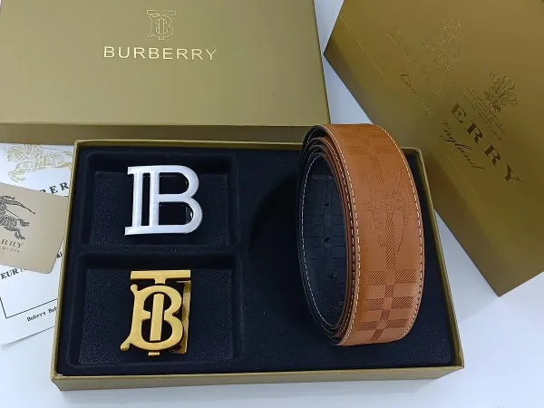 Burberry TB Monogram Leather Belt with Interchangeable Buckles Tan - 22