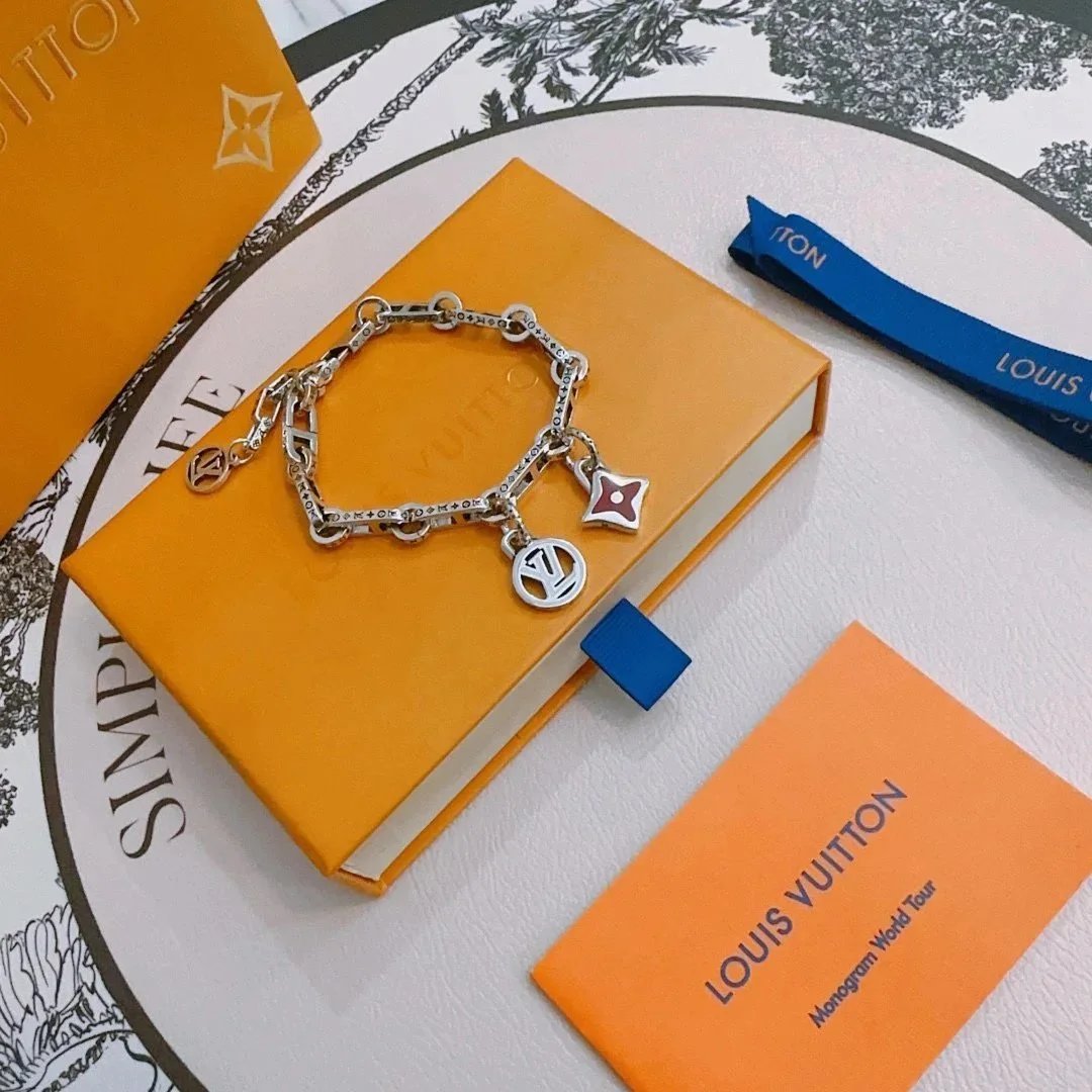 Louis Vuitton Monogram Flower Charm Bracelet Silver Green Jewelry - 3