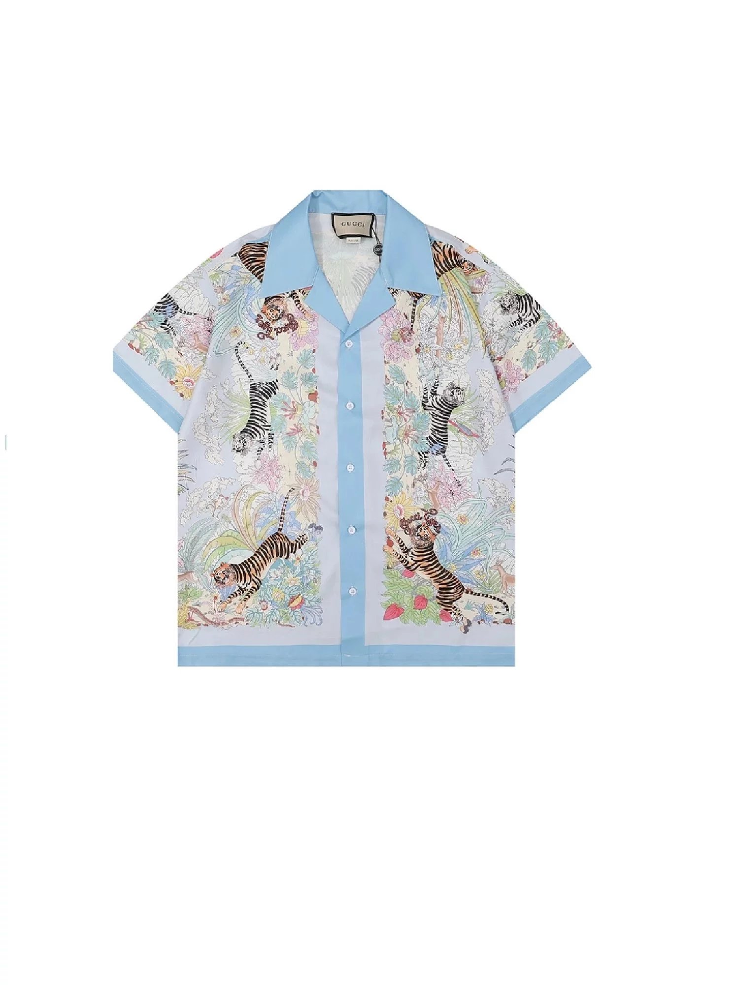 Gucci Tiger Print Silk Shirt and Shorts Set Light Blue Multicolor - 14