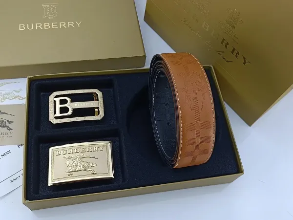 Burberry Classic Check Leather Belt with Interchangeable Buckles Tan Leather Belt - 2