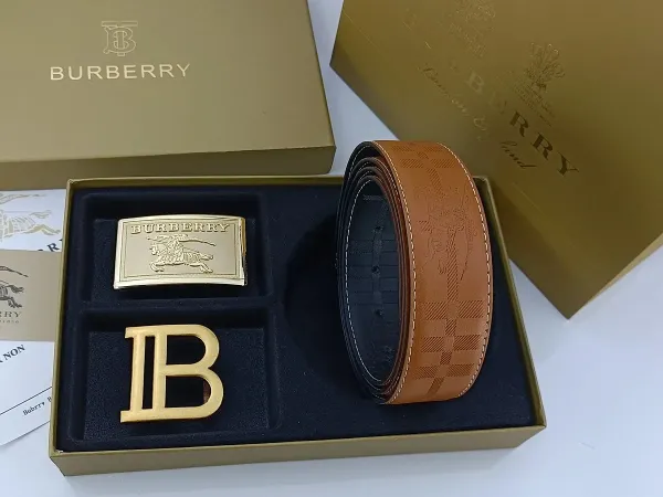 Burberry Classic Check Leather Belt with Interchangeable Buckles Tan Leather Belt - 8