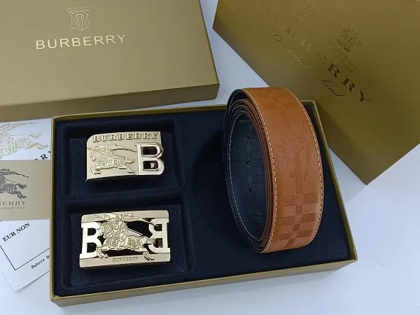 Burberry Classic Check Leather Belt with Interchangeable Buckles Tan Leather Belt - 21