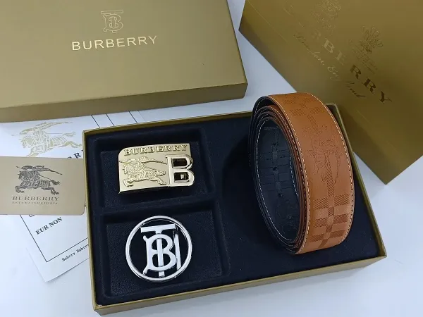 Burberry Classic Check Leather Belt with Interchangeable Buckles Tan Leather Belt - 27
