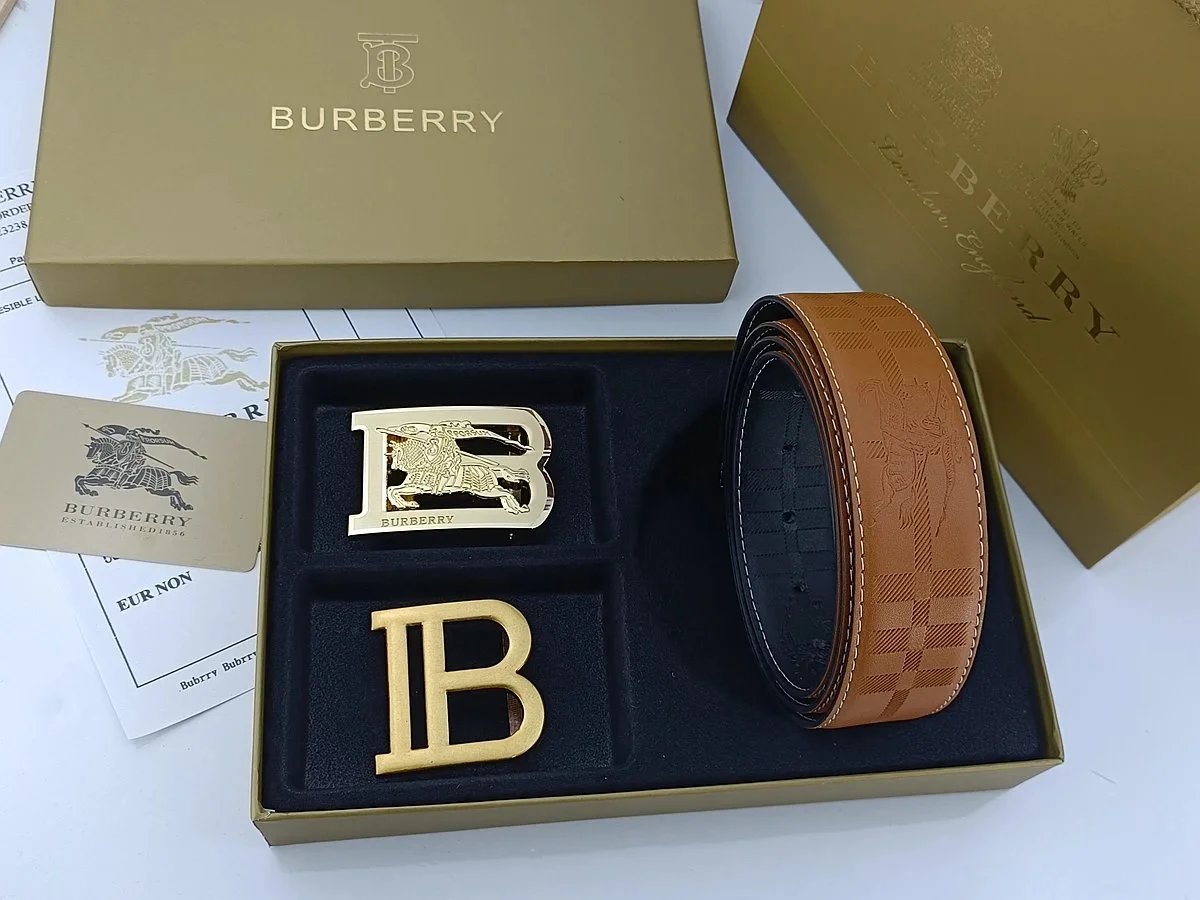 Burberry Horseferry Check Leather Belt with Interchangeable Buckles Tan Belts - 19