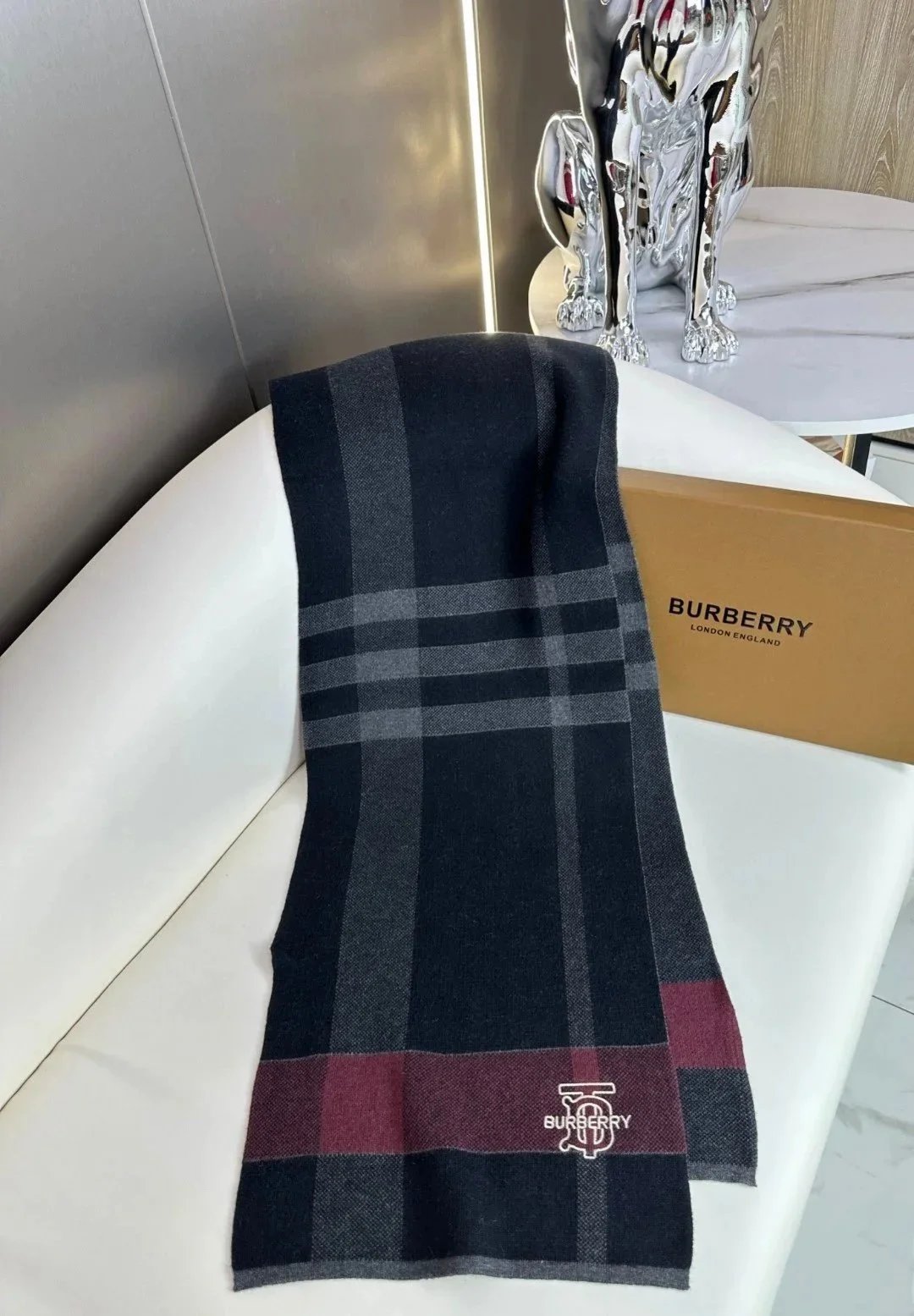 Burberry Monogram Print Cashmere Scarf Gray Black Scarves - 4