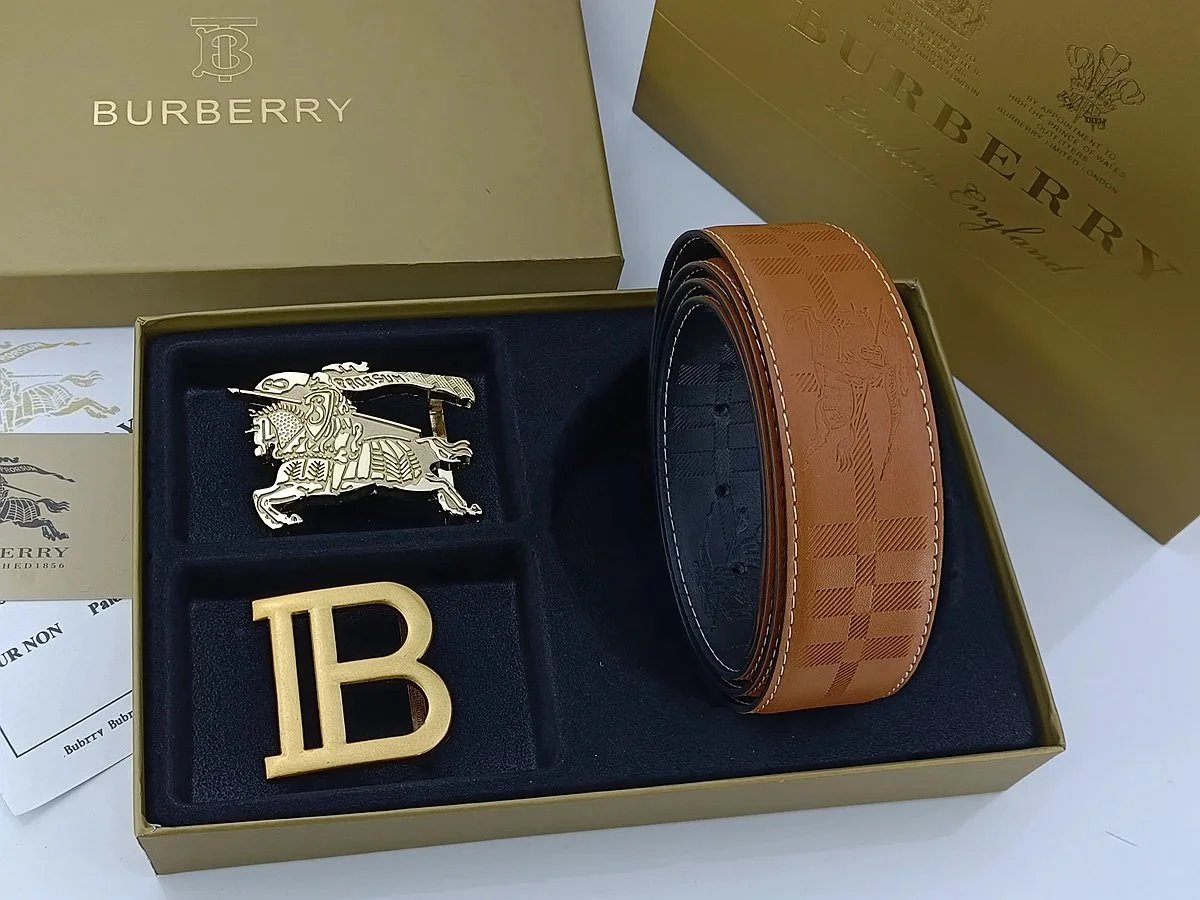 Burberry Equestrian Knight & Monogram B Buckle Leather Belt Tan - 7