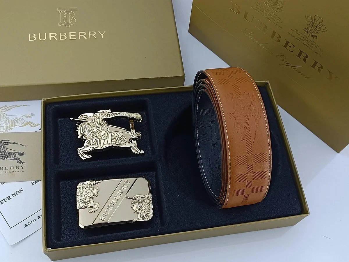 Burberry Equestrian Knight & Monogram B Buckle Leather Belt Tan - 15