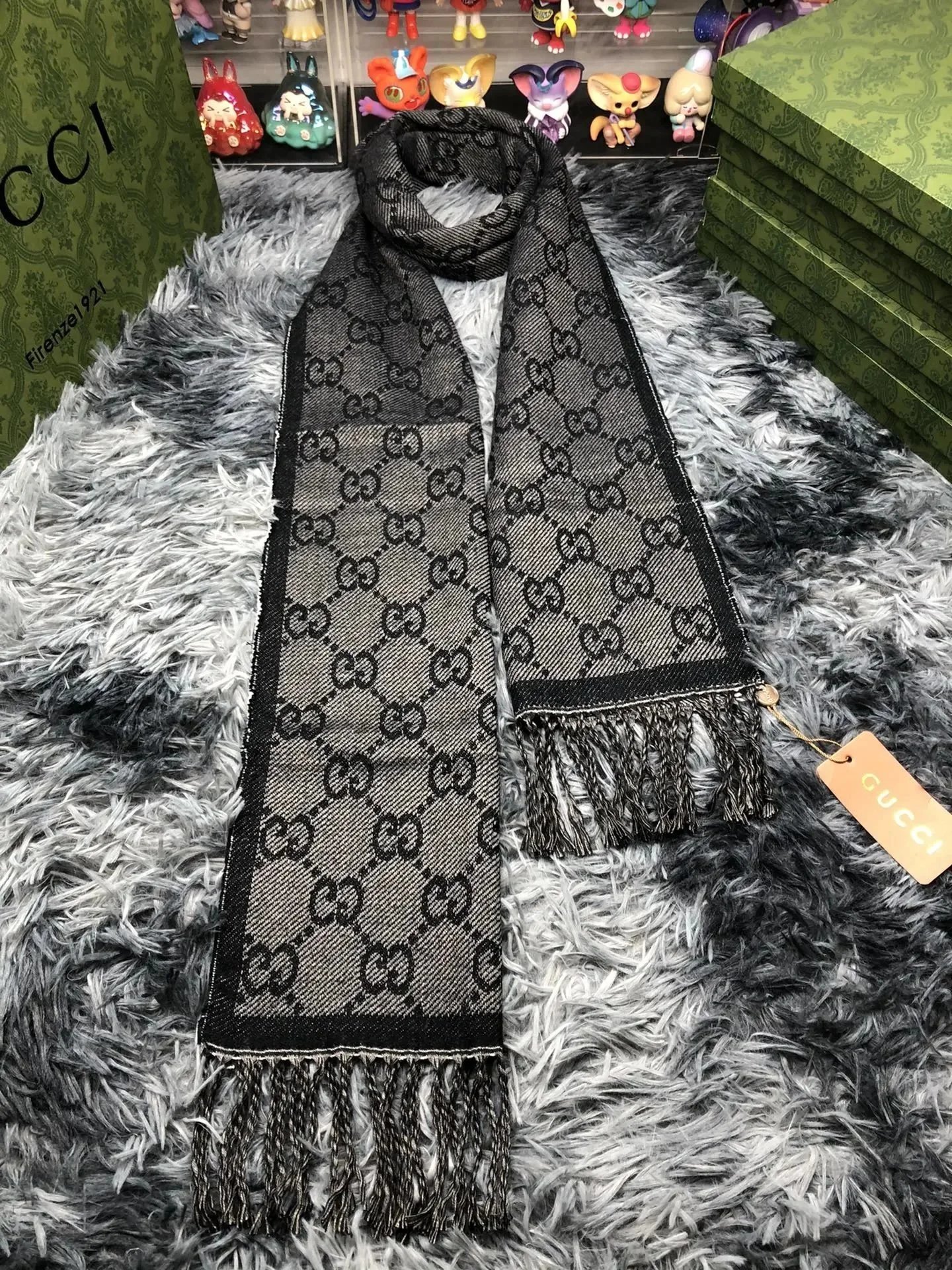 Gucci GG Marmont Knit Scarf Navy Blue with Gray Stripes Scarves - 4
