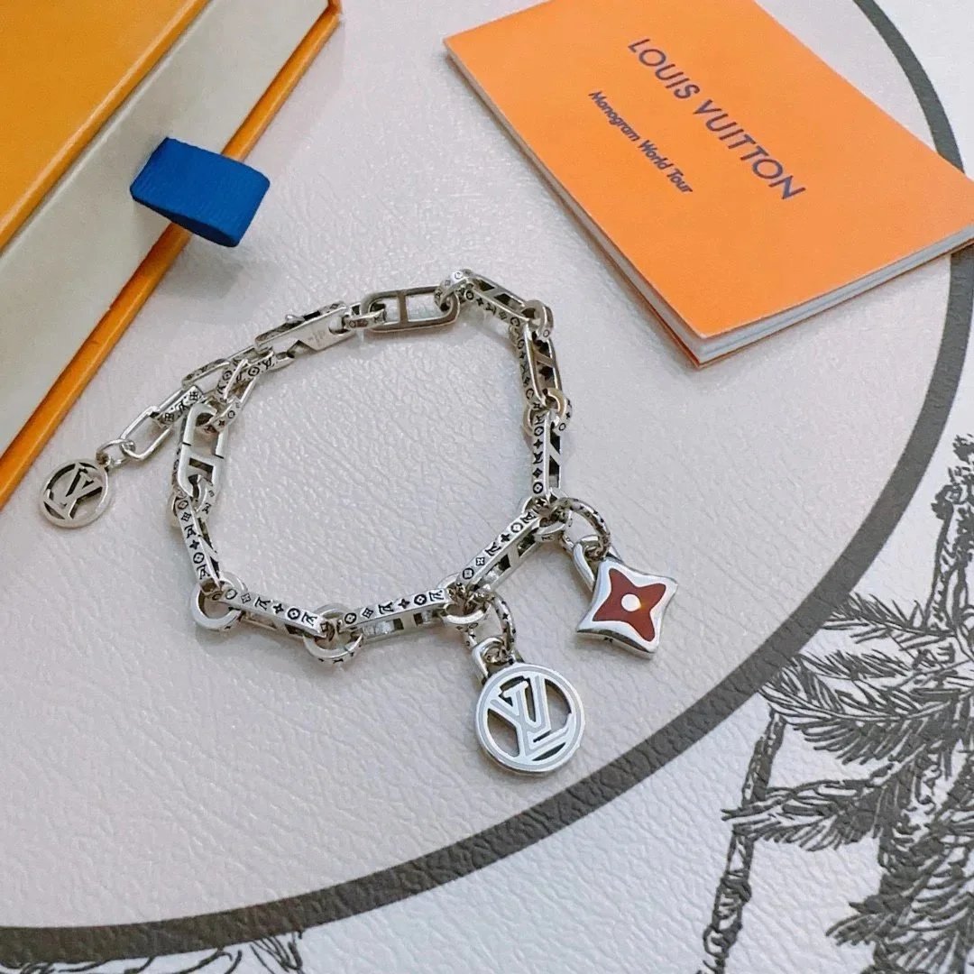 Louis Vuitton Monogram Flower Charm Bracelet Silver Green Jewelry - 9