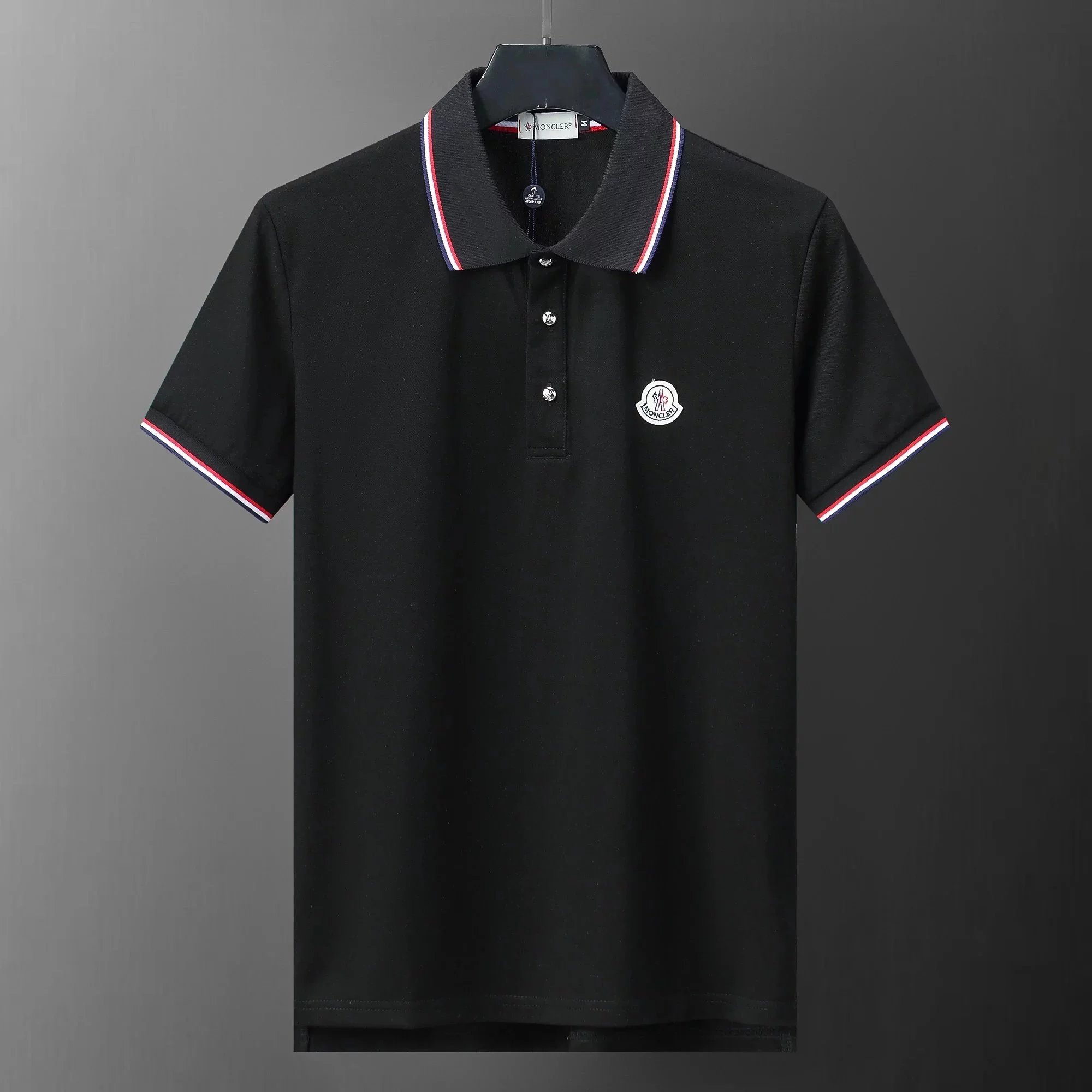 Moncler Logo Embroidered Navy Polo Shirt with Red Trim - 13