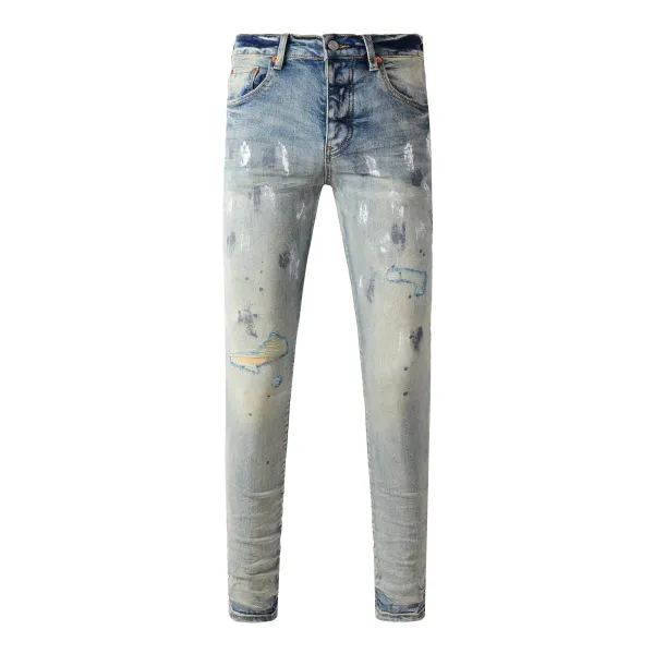 Purple x Unknown Artist Distressed Paint-Splatter Slim Fit Jeans - 14