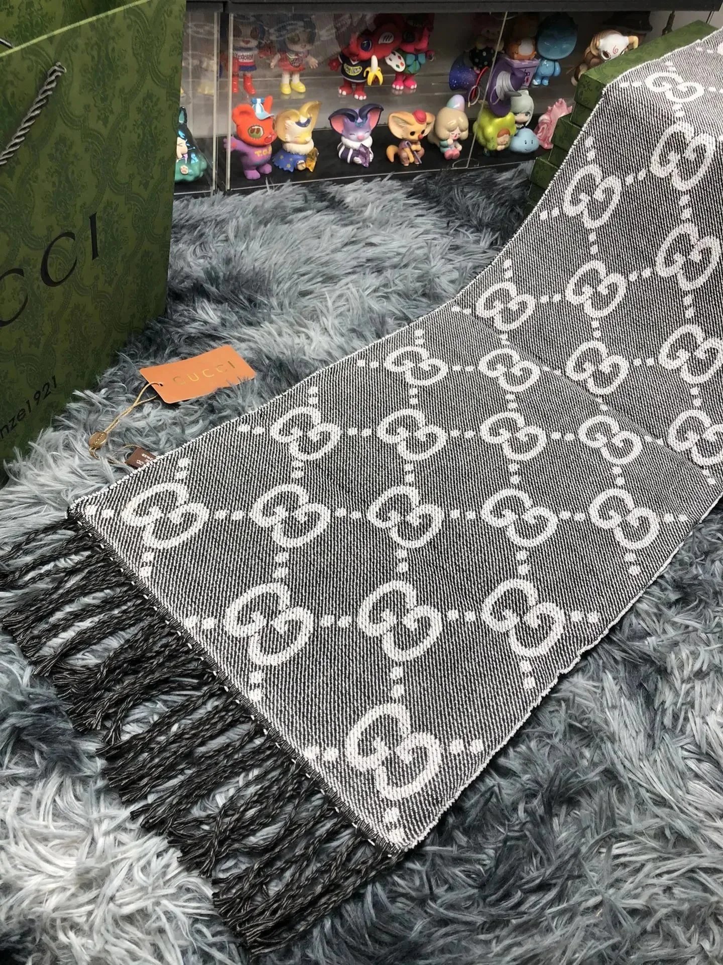 Gucci GG Marmont Knit Scarf Navy Blue with Gray Stripes Scarves - 5