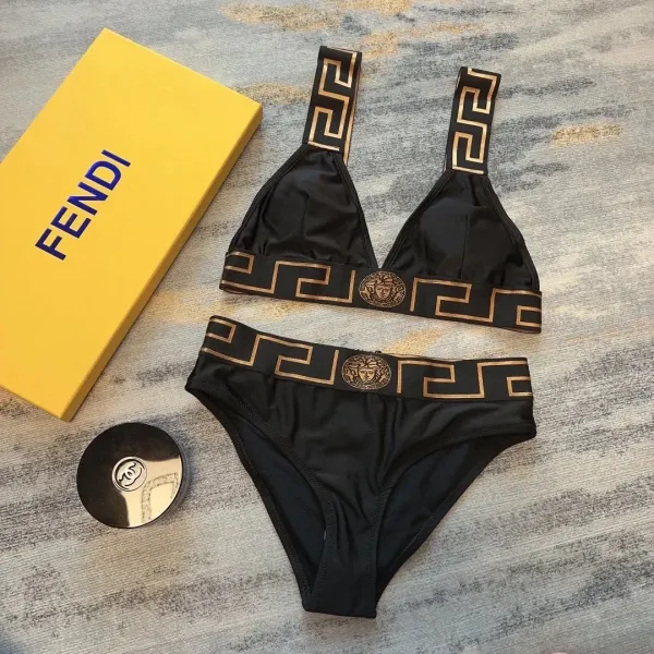 Versace Iconic Greca Pattern Blue Yellow Triangle Bikini Set - 40