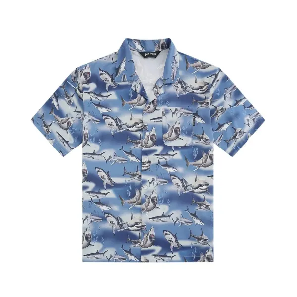 Palm Angels Shark Print Short-Sleeve Button-Up Shirt Blue - 5