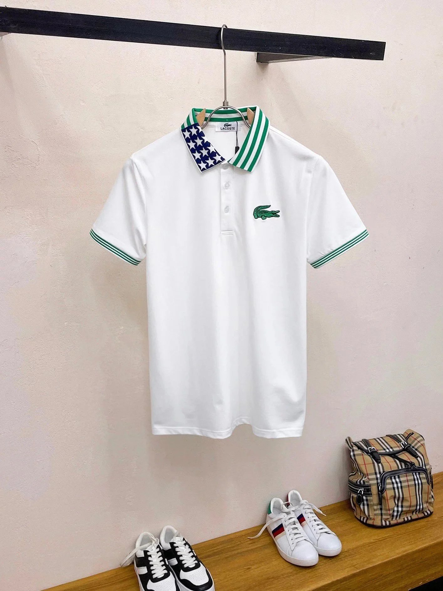 Lacoste Polo Shirt Black with Green Striped Collar and Star Print Cuff Tops.polo - 17