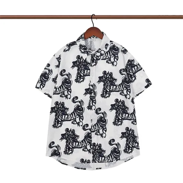 Design Chinese Guardian Lion Print Short-Sleeve Button-Up Shirt White - 27