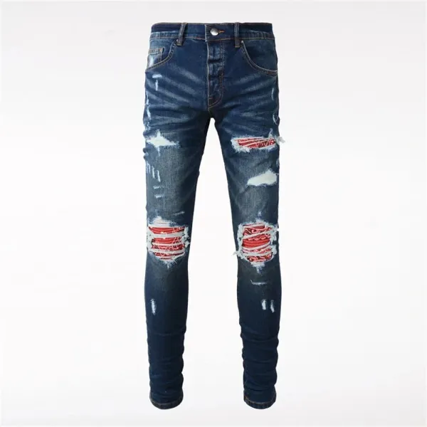 Amiri Distressed Logo Print Slim Fit Blue Jeans - 32