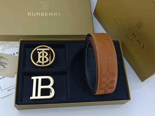 Burberry TB Monogram Leather Belt with Interchangeable Buckles Tan - 11