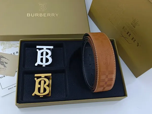Burberry TB Monogram Leather Belt with Interchangeable Buckles Tan - 28