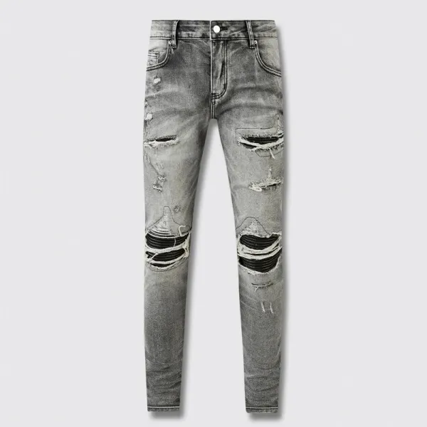 Distressed Printed Patchwork Black Jeans - 17