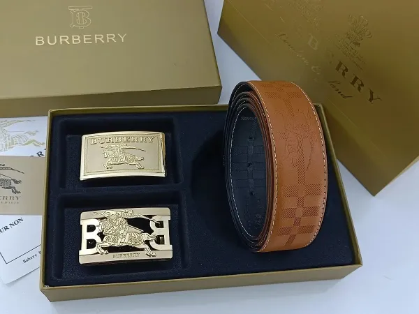 Burberry Classic Check Leather Belt with Interchangeable Buckles Tan Leather Belt - 6