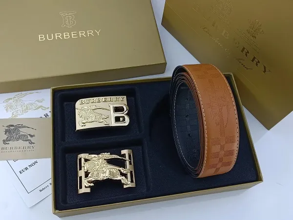Burberry Classic Check Leather Belt with Interchangeable Buckles Tan Leather Belt - 19