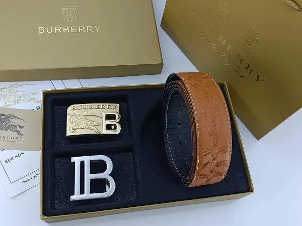 Burberry Classic Check Leather Belt with Interchangeable Buckles Tan Leather Belt - 25